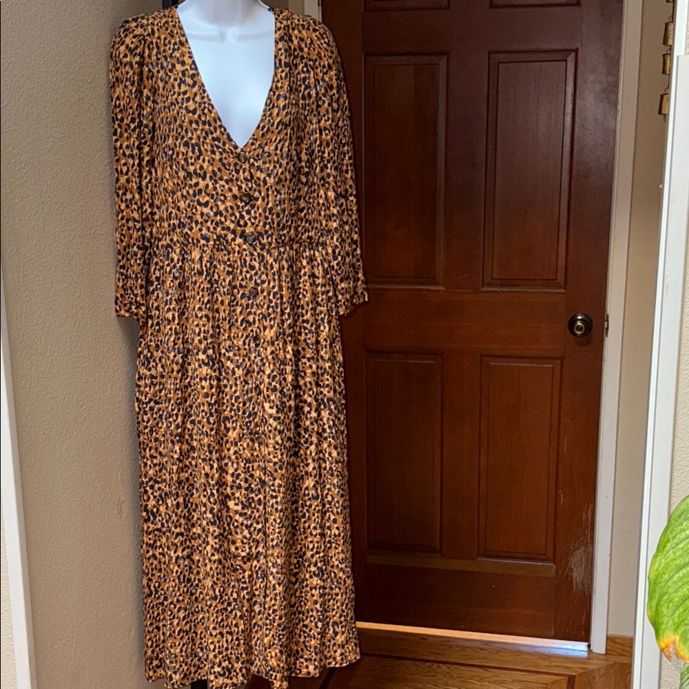 Zara TRF Collection Chic Leopard 3/4 Sleeve Button Up Midi Dress Women’s Size L